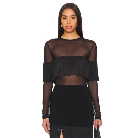 Norma Kamali Long Sleeve Crew Neck Fringe Top Sheer Mesh Statement Edgy Black MD - Picture 1 of 9